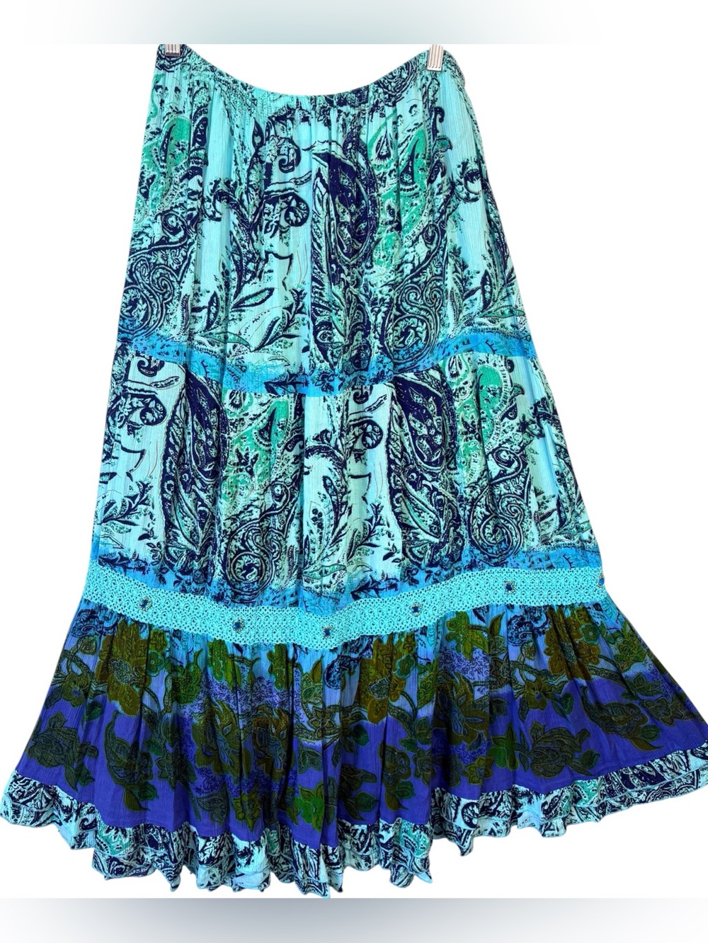 Y2K Blue Floral Crinkle Hippie Boho Cottagecore Fairy Skirt Crochet Trim XL 1X